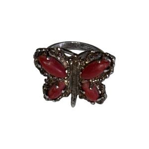Antique South Western Coral Stone Butterfly Ring size 7.5